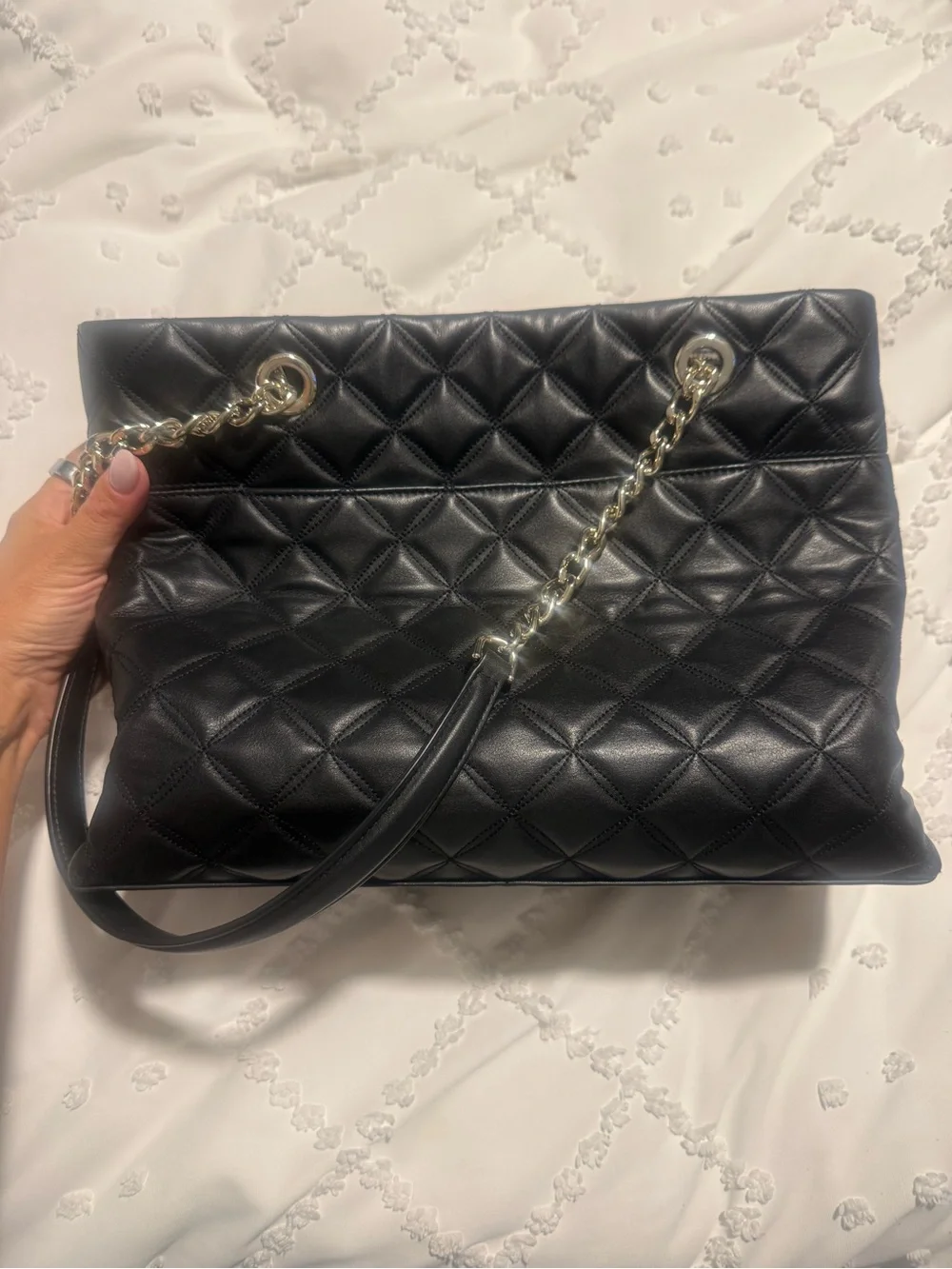 kate spade Black Quilted Leather Tote with Silver Chain Handles